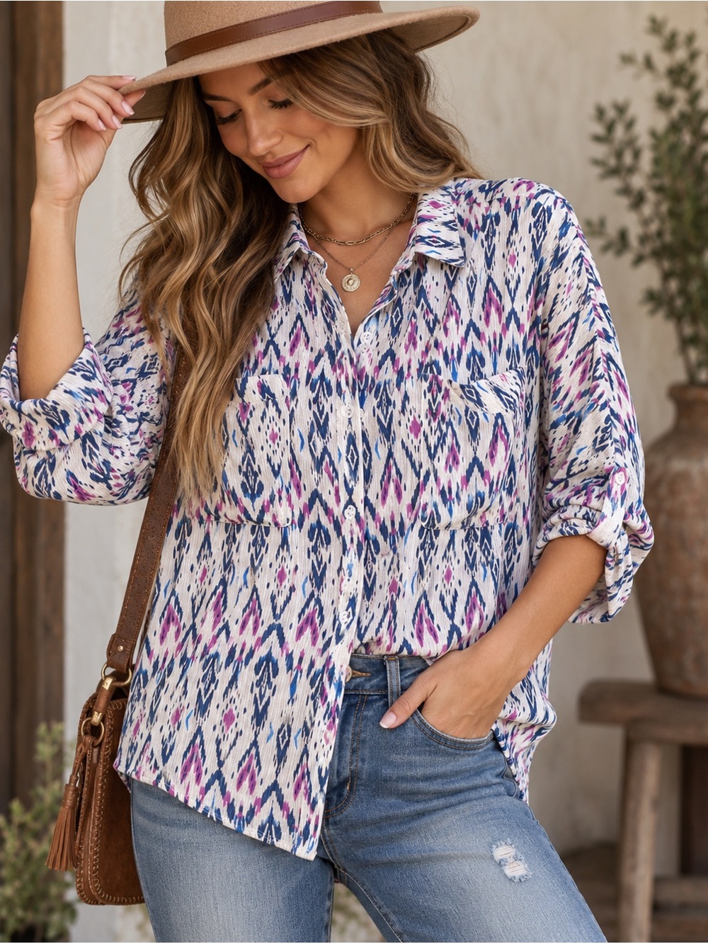 Savannah Jane Boho Ikat Print Button Down Blouse Top Size M